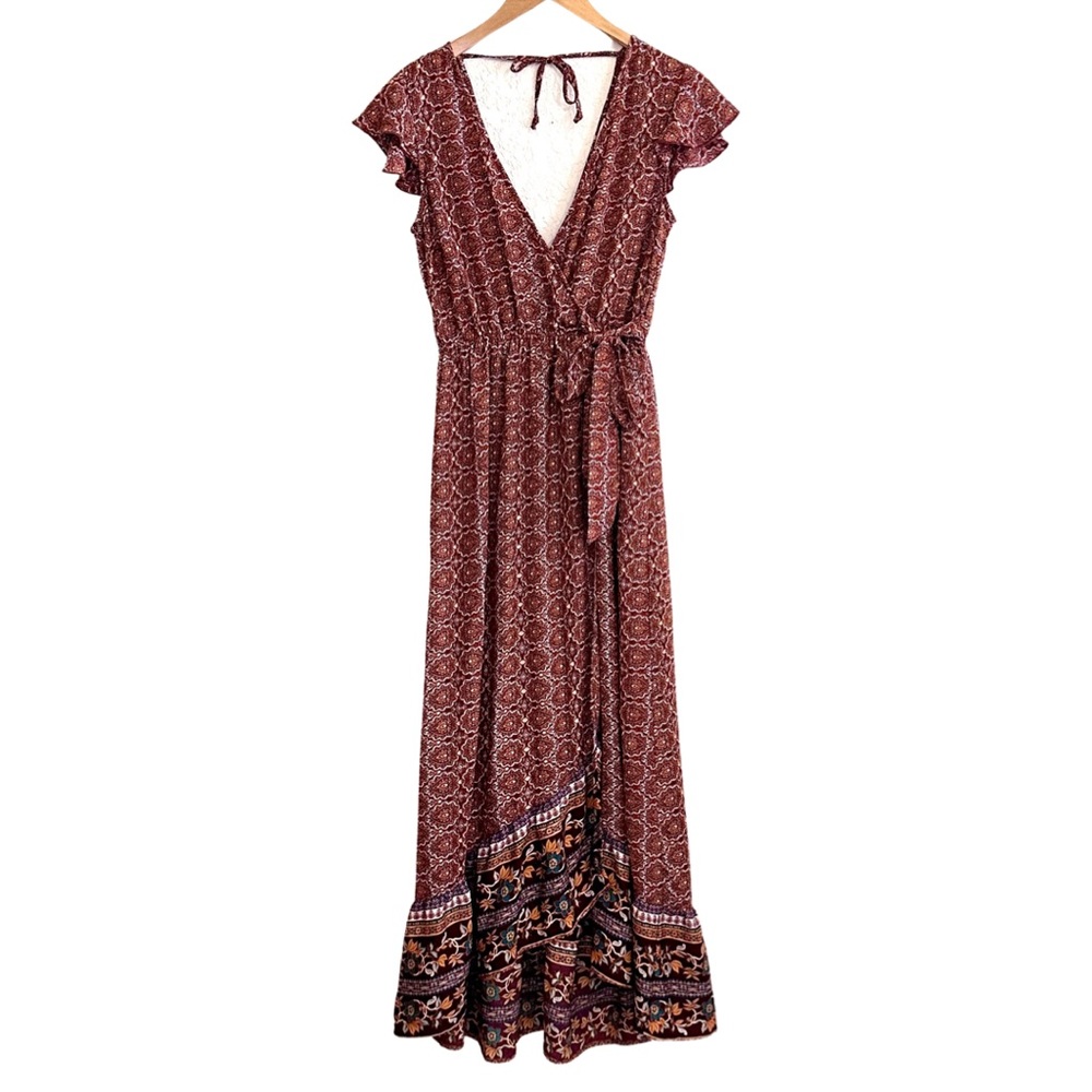 Vintage BOG Collective Mock Wrap Maxi Cap Sleeve Cottage Farm Dress Size SM